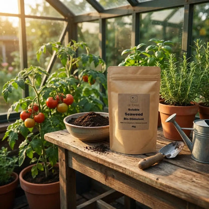 Seaweed Powder — kraft pouch on potting bench in greenhouse with tomatoes, soil bowl and watering can