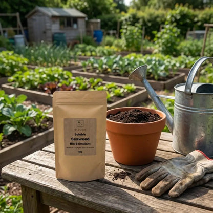 Seaweed Powder — kraft pouch on allotment bench with terracotta soil pot, gloves and metal watering can