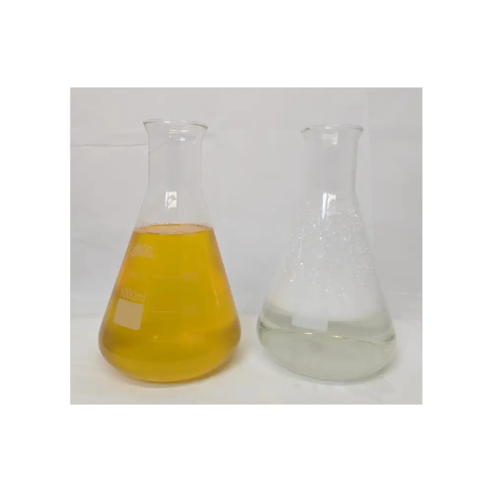 Organic Plant Soap — two Erlenmeyer flasks: yellow soap liquid in one, sudsy clear water in the other