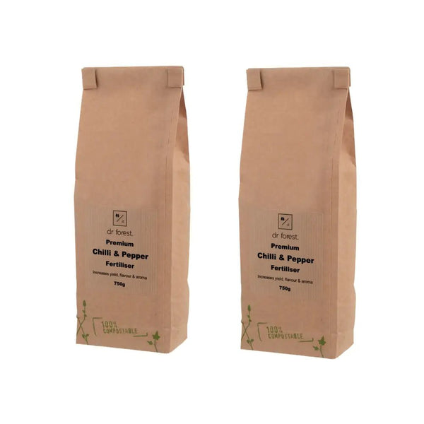 Organic Chilli & Pepper Fertiliser — two 750g kraft bags labelled Dr Forest Premium Chilli & Pepper Fertiliser
