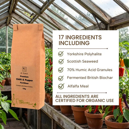 Organic Chilli & Pepper Fertiliser — 17 Ingredients graphic: polyhalite, seaweed, humic granules, biochar, alfalfa meal