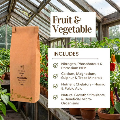 Organic Fruit & Vegetable Fertiliser — graphic with kraft bag and Includes list: NPK, Ca/Mg/sulphur, humic/fulvic, stimulants