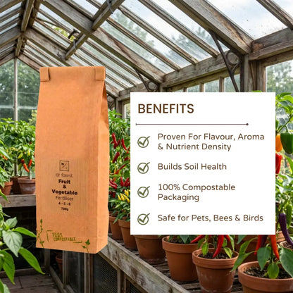 Organic Fruit & Vegetable Fertiliser — Benefits graphic: Flavour, Soil Health, Compostable Packaging, Safe for Pets