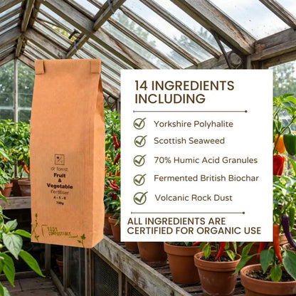 Organic Fruit & Vegetable Fertiliser — 14 Ingredients graphic: polyhalite, seaweed, humic granules, biochar, rock dust