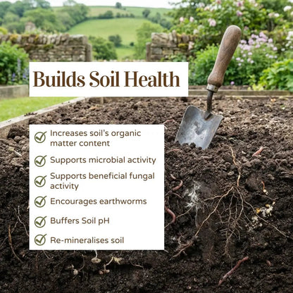 Organic Fruit & Vegetable Fertiliser — Builds Soil Health graphic over compost bed with trowel and earthworms