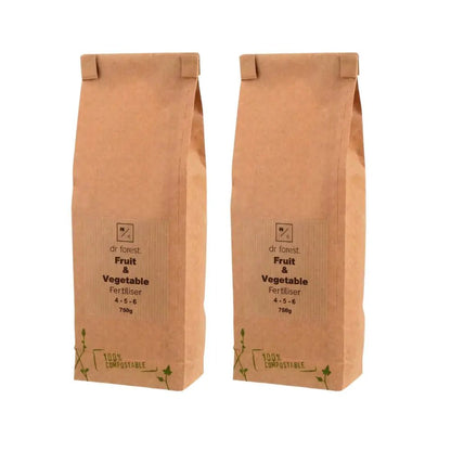 Organic Fruit & Vegetable Fertiliser — two 750g kraft bags with dr forest Fruit & Vegetable Fertiliser 4-5-6 label