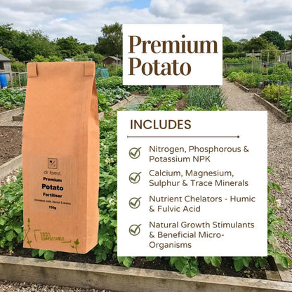 Organic Potato Fertiliser — 17 Ingredients graphic: polyhalite, seaweed, humic granules, biochar, alfalfa meal