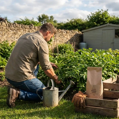 Organic Potato Fertiliser — man kneeling beside potato plants in walled kitchen garden; kraft Premium Potato Fertiliser bag in wooden crate on bench