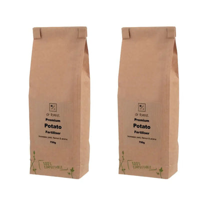Organic Potato Fertiliser — two 750g kraft bags labelled Dr Forest Premium Potato Fertiliser, 100% Compostable