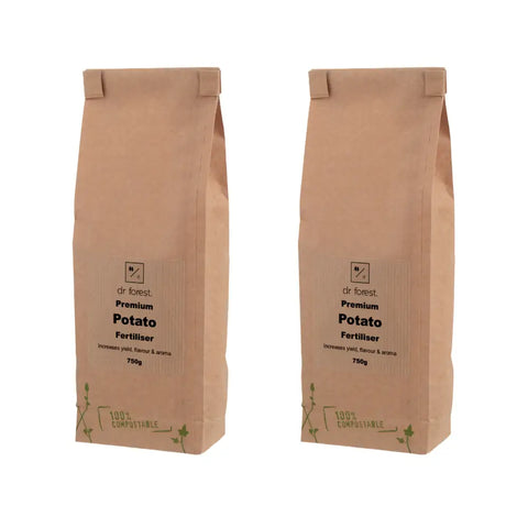 Organic Potato Fertiliser — two 750g kraft bags labelled Dr Forest Premium Potato Fertiliser, 100% Compostable