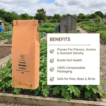 Organic Potato Fertiliser — Benefits graphic: Flavour, Soil Health, Compostable Packaging, Safe for Pets