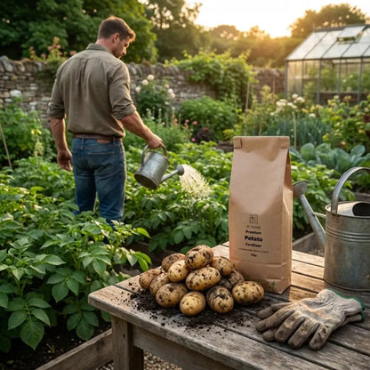 Organic Potato Fertiliser — man watering potato plants in walled kitchen garden, kraft bag and potatoes on bench
