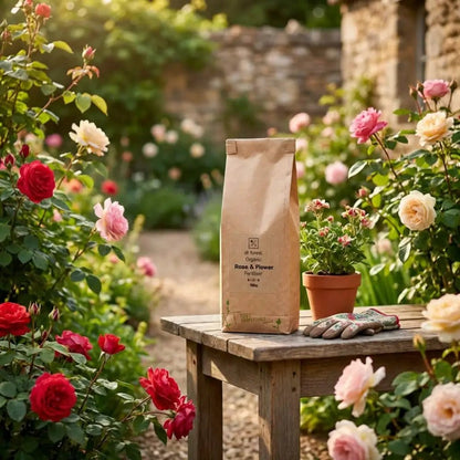 Organic Rose Fertiliser — kraft bag on table in cottage garden with red, pink and cream rose bushes