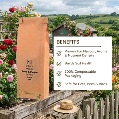 Organic Rose Fertiliser — Benefits graphic: Flavour, Soil Health, Compostable Packaging, Safe for Pets