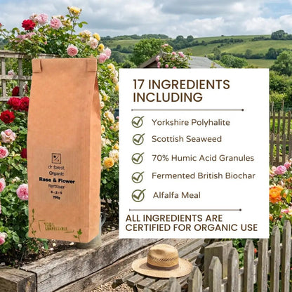 Organic Rose Fertiliser — 17 Ingredients graphic: polyhalite, seaweed, humic granules, biochar, alfalfa meal