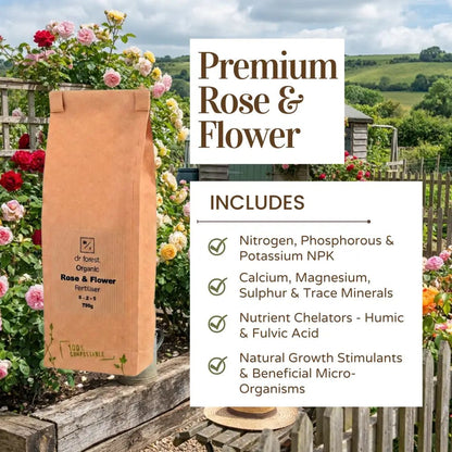 Organic Rose Fertiliser — Premium Rose & Flower graphic with Includes list: NPK, Ca/Mg/sulphur, humic/fulvic, stimulants