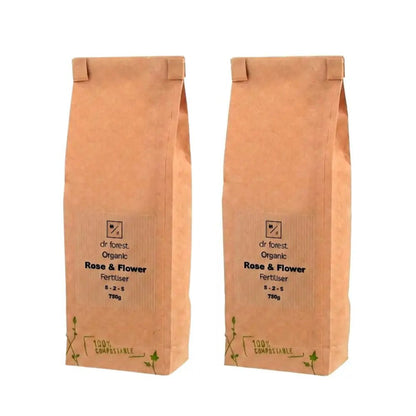 Organic Rose Fertiliser — two 750g kraft paper bags with dr forest Organic Rose & Flower Fertiliser 5-3-5 label