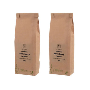 Organic Strawberry Fertiliser — two 750g kraft bags labelled Dr Forest Premium Strawberry Fertiliser, 100% Compostable