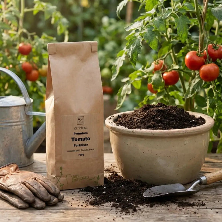 Organic Tomato Fertiliser — kraft bag and stoneware pot of compost on rustic table with ripening tomato plants behind