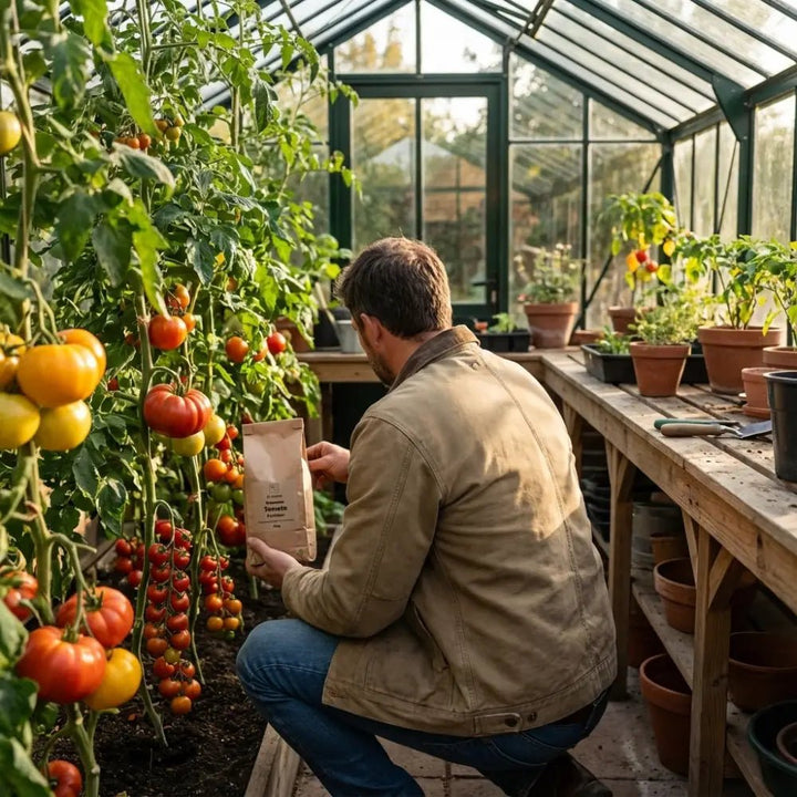 Organic Tomato Fertiliser — man in tan jacket crouching in greenhouse holding kraft bag beside tomatoes on the vine