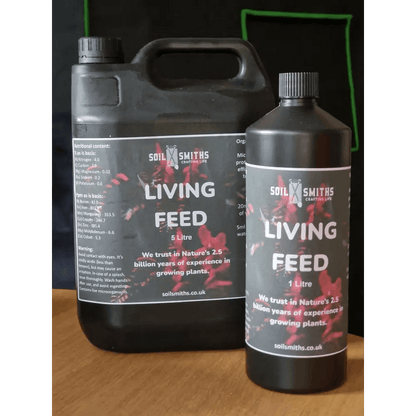 Soil Smiths Living Feed — two black bottles side by side: 5 Litre and 1 Litre, dark labels with Soil Smiths branding