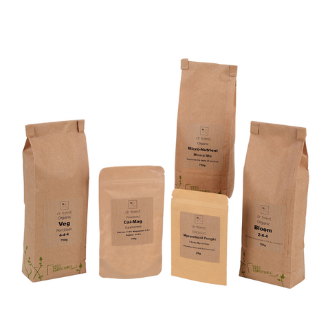 Organic Veg & Bloom Bundle — five Dr Forest kraft bags: Organic Veg 4-4-4, Powdered Cal-Mag, Mycorrhizal Funghi, Micro-Nutrient Mineral Mix, Organic Bloom 2-8-4